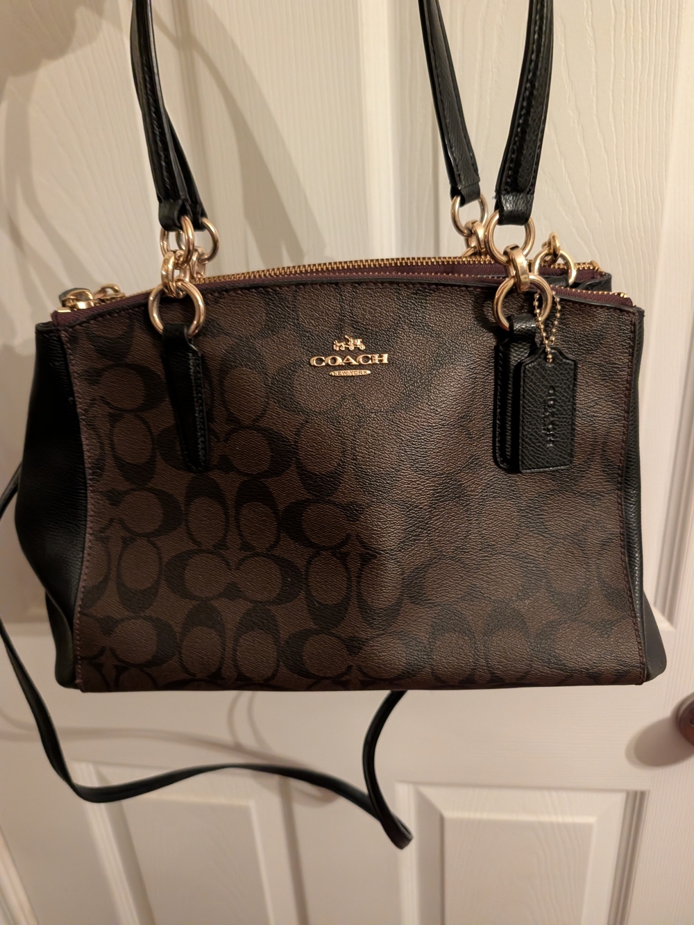 Coach Brown Signature Logo Convertible Satchel with Black Trim